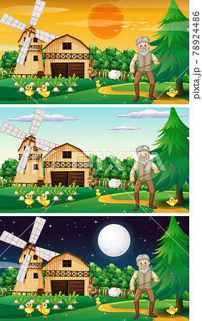 Different farm scenes with old farmer and animal cartoon character 78924486