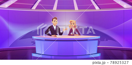 Tv presenters broadcasting news in modern studio Tv presenters broadcasting news in modern studio 78925327