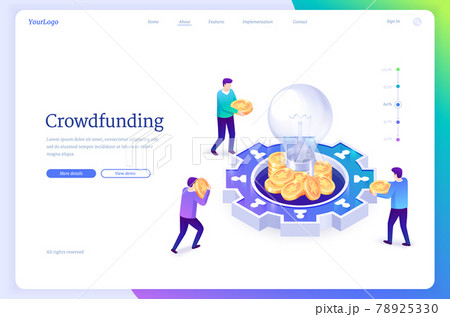 Crowdfunding isometric landing. money donation 78925330