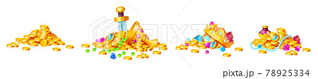 Treasure, golden coins, crystal gems, crown, sword 78925334