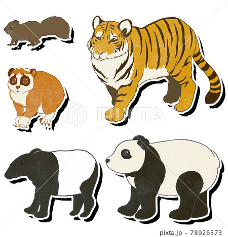 アジアの動物 ラフ白フチのイラスト素材