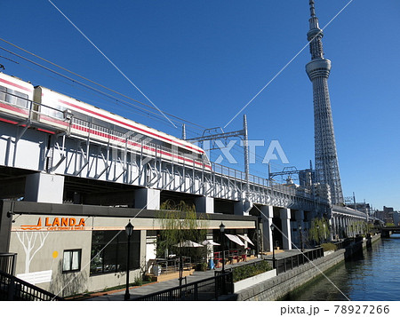 北十間川の枕橋からの眺め 東武スカイツリーライン 東京ミズマチ 東京スカイツリー の写真素材