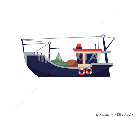 Fishing boat, vessel with equipment for commercial fish catch at sea or ocean. Fishing boat, vessel with equipment for commercial fish catch at sea or ocean. 78927677