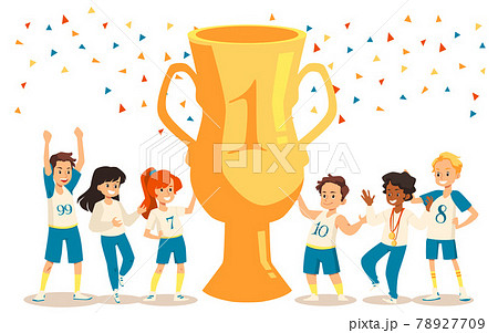 Children next to gold trophy cup, flat cartoon vector illustration isolated. Children next to gold trophy cup, flat cartoon vector illustration isolated. 78927709