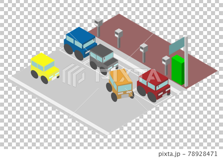 Isometric parallel parking cars and parking meters and parking areas 78928471