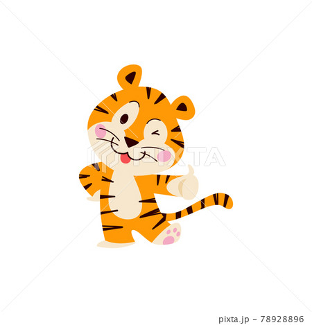 Cute little tiger character with thumb up stand, smile isolated on white background. 78928896