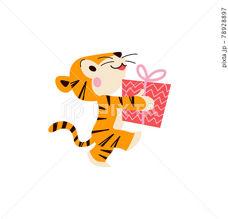 Cute little tiger character with gift box walk isolated on white background.  78928897