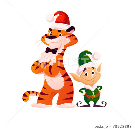 Merry Christmas illustration with tiger in Santa hat and little elf stand isolated.  78928898