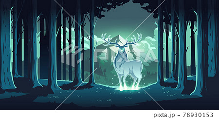 Magic Deer In Night Forest Mystical Glowing Stagのイラスト素材