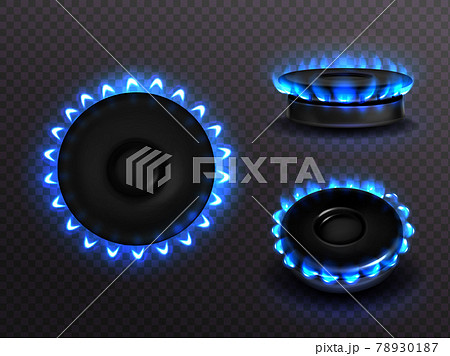 Burning gas stove with blue flame top or side view 78930187