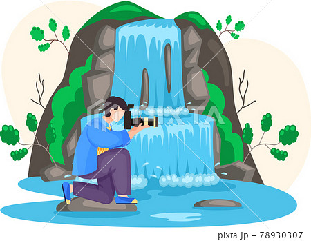 Waterfall in mountaines natural landscape in park. Man photographing water flow falls down mountain 78930307