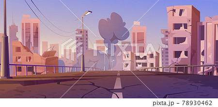 City destroy in war, abandoned buildings, smoke 78930462