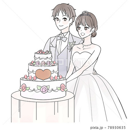 ケーキ入刀する新郎新婦のイラスト素材