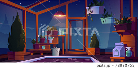 Glass greenhouse interior at night 78930755