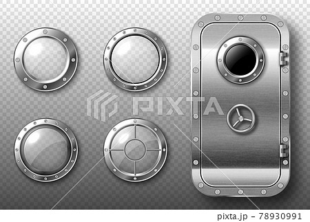 Portholes and metal door in spaceship or submarine 78930991
