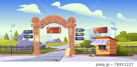 Zoo gates with pointers to wild animals cages 78931227