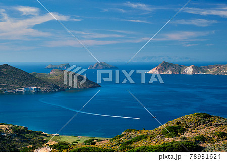 Aegean sea near Milos island with speeding speed boat catamaran ferry vessel in Greece 78931624