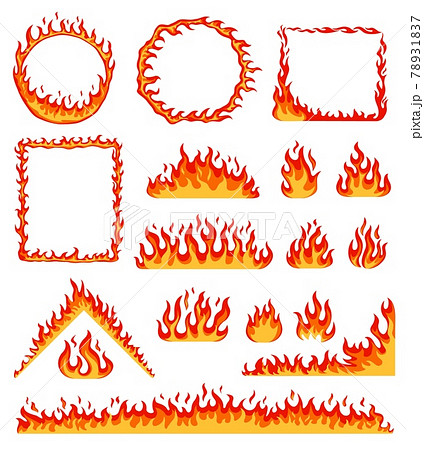 Cartoon fire frame. Red hot burning circle and rectangular frames. Horizontal flame border, campfire, blazing fire line effect vector set 78931837