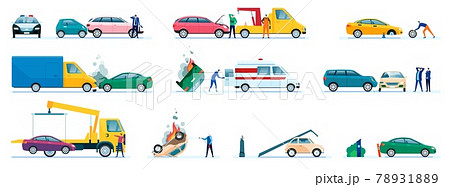 Car accidents. Damaged or crashed transport, vehicles collision. Driver calling insurance company. Road accident with cars and drivers vector set Car accidents. Damaged or crashed transport, vehicles collision. Driver calling insurance company. Road accident with cars and drivers vector set 78931889