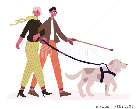 Blind couple with guide dog. Disabled man and woman walking with guide dog, blind couple and service animal vector illustration. Handicapped people concept Blind couple with guide dog. Disabled man and woman walking with guide dog, blind couple and service animal vector illustration. Handicapped people concept 78931909