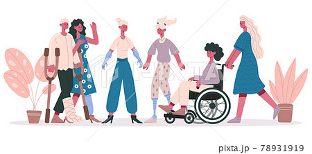 Handicapped people. Group of disabled characters, friendly disable injury persons isolated vector illustration. Disabled people group 78931919