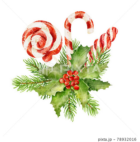 Watercolor christmas candies with decorative holly isolated on white background. Christmas decorative elements. 78932016
