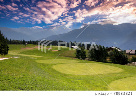 mountain golf course in crans-montana 78933821