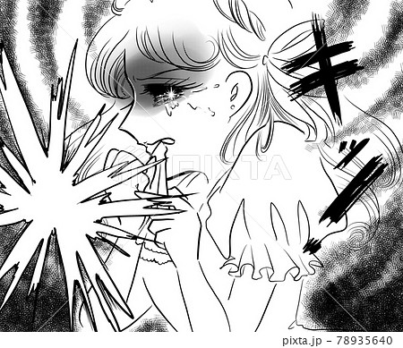 70年代少女漫画ハンカチを噛み締めて悔しがるお嬢様のイラスト 78935640