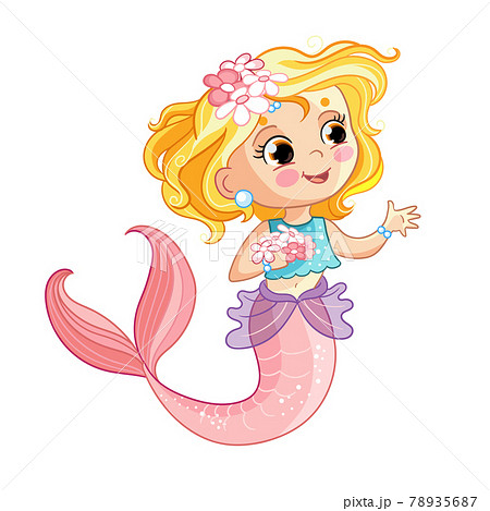 Cute Blonde Mermaid And Flowers Vector Cartoon のイラスト素材