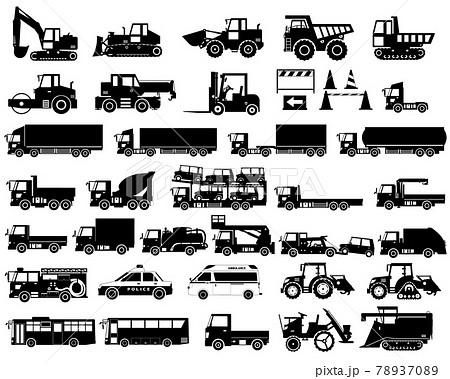 いろんな働く車 白黒シルエット(重機・トラック・緊急車両・バス・農業機械) いろんな働く車 白黒シルエット(重機・トラック・緊急車両・バス・農業機械) 78937089