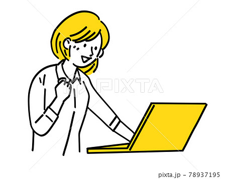 ノートパソコン 女性 仕事 成功 ガッツポーズ シンプル イラストのイラスト素材
