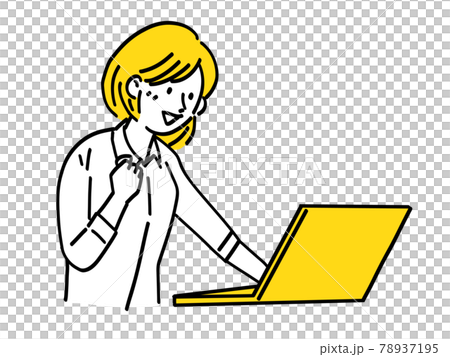 ノートパソコン 女性 仕事 成功 ガッツポーズ シンプル イラストのイラスト素材