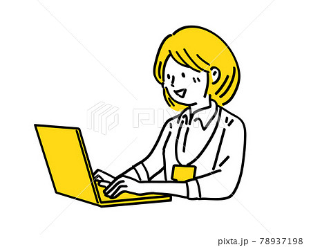 ノートパソコン 女性 仕事 入力 タイピング シンプル イラストのイラスト素材