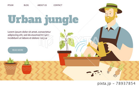 Urban jungle banner with man watering houseplants, flat vector illustration. Urban jungle banner with man watering houseplants, flat vector illustration. 78937854
