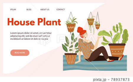 House plant site template with woman resting at home, flat vector illustration. 78937873