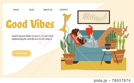 Good vibes website header with woman reading at home, flat vector illustration. 78937874