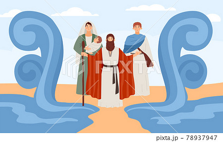 Biblical miracle of Moses prophet splitting the sea, flat vector illustration. 78937947