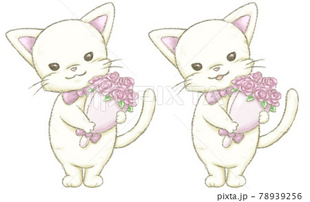 薔薇の花束を抱えた猫のイラスト素材