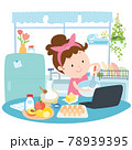Happy woman is cooking food in her kitchen  by using recipe from the internet vector illustration. 78939395