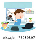 Man burnt food at his home by using recipe from the internet vector illustration.  78939397