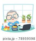 Grandfather is cooking food in his kitchen  by using recipe from the internet vector illustration. 78939398