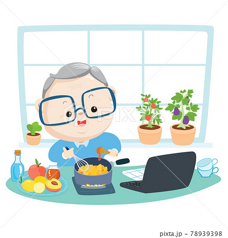Grandfather is cooking food in his kitchen by using recipe from the internet vector illustration. Grandfather is cooking food in his kitchen by using recipe from the internet vector illustration. 78939398