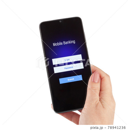 Female hand hold mobile banking on a smartphone on white 78941236