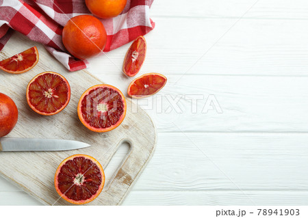 Concept of citrus with red oranges on white wooden table 78941903