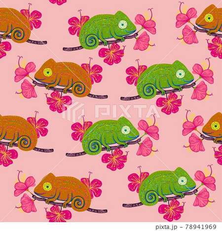 Chameleon On A Branch With Hibiscus Flowers のイラスト素材