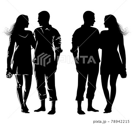 Black and white image of a guy and a girl walking hand by hand Black and white image of a guy and a girl walking hand by hand 78942215