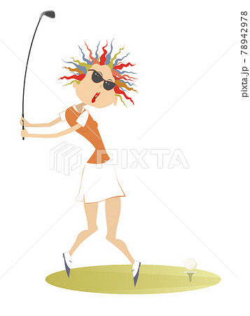 Young golfer woman on the golf course illustration. Cartoon golfer woman in sunglasses aiming to do a good kick isolated on white Young golfer woman on the golf course illustration. Cartoon golfer woman in sunglasses aiming to do a good kick isolated on white 78942978