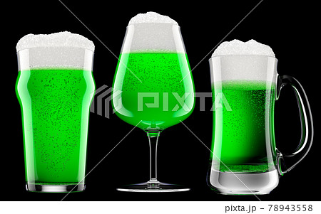 Set of fresh green beer in different mugs with bubble froth isolated on black. 78943558
