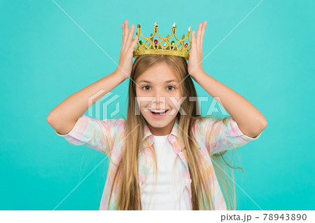 Title miss little princess. Girl wear crown blue background. Title miss little princess. Girl wear crown blue background. 78943890