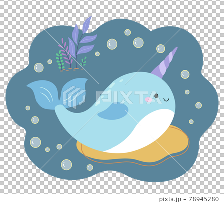 Side view of cute narwhal with many bubbles and grass in background 78945280